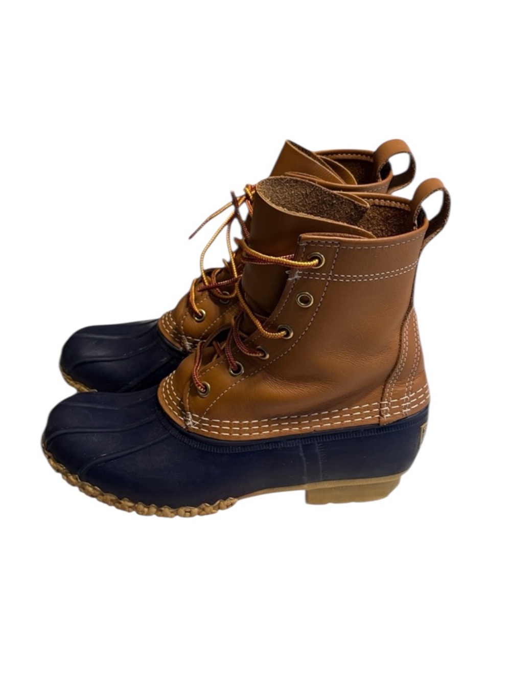L.L. Bean Womans Bean Duck Boots Tan Navy 7 M Rain Mud Winter Spring Fall